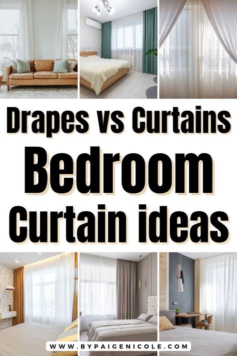 Bedroom Curtain Ideas By Paige Nicole High Bed Curtains, Full Wall Curtains Bedroom Modern, Bedroom Wall Curtain Ideas, Floor To Ceiling Curtains Behind Bed, Bedroom Drapes Ideas, Bedroom Drapes Master, Bed With Curtains Around It Modern, Sheer Curtains With Lights Behind Bed, How To Hang Sheer Curtains Behind Drapes