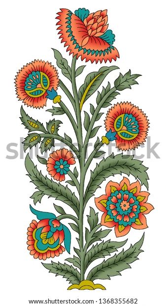 Mughal Flower Motif, Mughal Flower, Islamic Motifs, Mughal Art Paintings, Botanical Flower Art, Mughal Art, Ajrakh Prints, Flower Bunch, Folk Art Flowers