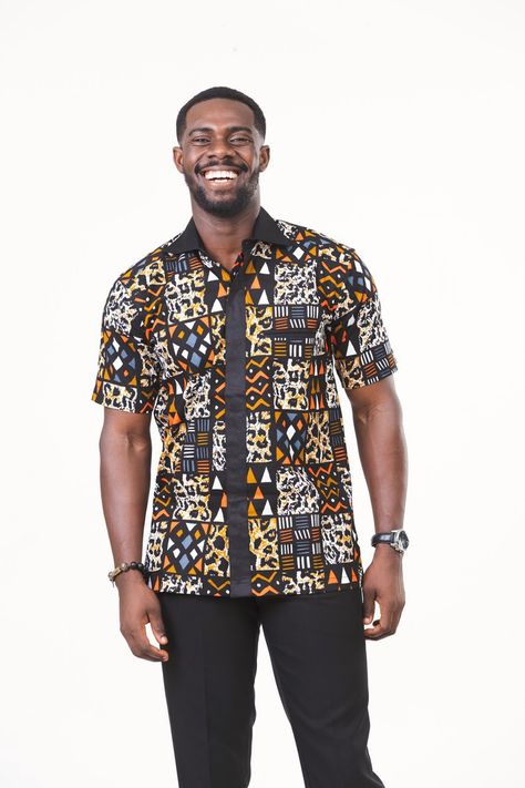 This men's shirt is made from the finest african wax print fabric also known as ankara fabric. all our clothes are made in ghana with the finest of craftsmanship. this shirt comes in various sizes from medium to extra extra large. the size chart below shows the exact measurements. we offer custom sizes if you would prefer that. custom-made sizes take 5 to 10 working days to process and come at a 10% extra charge.   medium  chest - 40 inches neck - 14.5 - 15.5 inches  large chest - 44 inches  ext Ankara Men Styles, Ankara Shirts For Men, Ankara Style For Men, Ankara Shirt, African Print Shirt, African Shirts For Men, African Shirts, Ankara Print, African Ankara