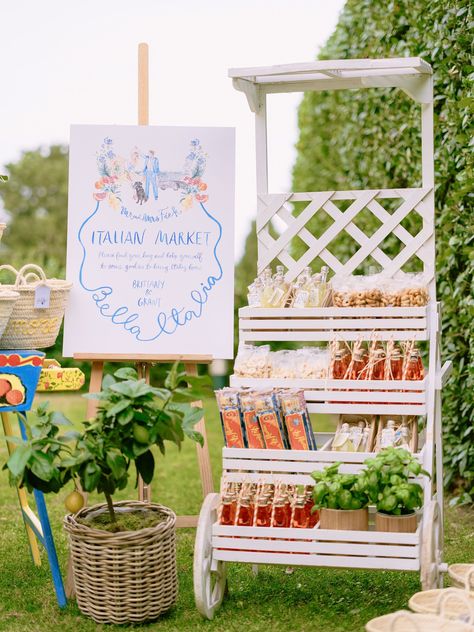 charming "Italian market" with delicious guest gifts for a destination wedding's welcome party guests to choose from Italian Bridal Showers, Villa Cimbrone, Ravello Italy, Italian Party, Bridal Shower Inspo, Italian Market, Welcome Party, Red Wedding Dresses, Hotel Villa