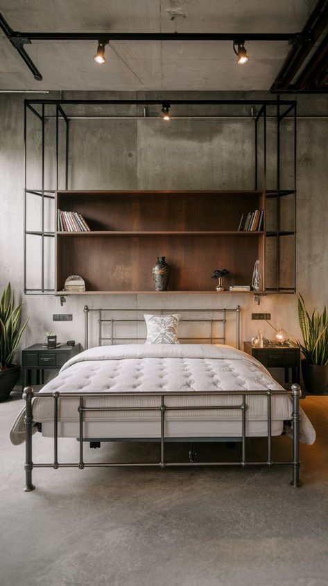 21 Modern Industrial Bedroom Ideas to Inspire - DIYCozy: Nails, Decor, DIY, Gardening, Holidays Modern Industrial Bedroom Ideas, Industrial Bedroom Ideas, Modern Industrial Bedroom, Pretty Dorm Room, Industrial Artwork, Industrial Bedroom Design, Metal Shelving Units, Moody Bedroom, Industrial Bedroom