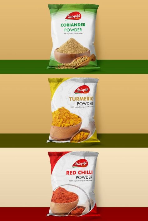 Pouch Design Packaging, Spices Packaging, Pouch Design, Design Box, Pouch Packaging, Design Label, Coriander Powder, Food Packaging Design, Red Chilli