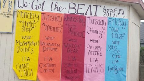 AGHS Homecoming Week poster "We Got the Beat" Spirit Week Themes, Homecoming Campaign, School Spirit Posters, Cheers Theme, Rally Idea, Leadership Classes, Got The Beat, School Spirit Week, Senior Year Fun