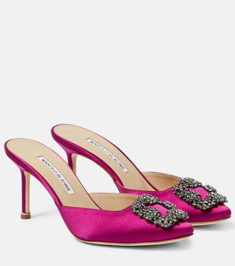 Hangisimu 70 Embellished Satin Mules in Purple - Manolo Blahnik | Mytheresa Pink Manolo Blahnik Shoes, Manolo Blahnik Mules, Manolo Blahnik Sandals, Manolo Blahnik Pumps, Rose Shoes, Winter Fashion Boots, Mid Heels Pumps, High Leather Boots, Designer Pumps