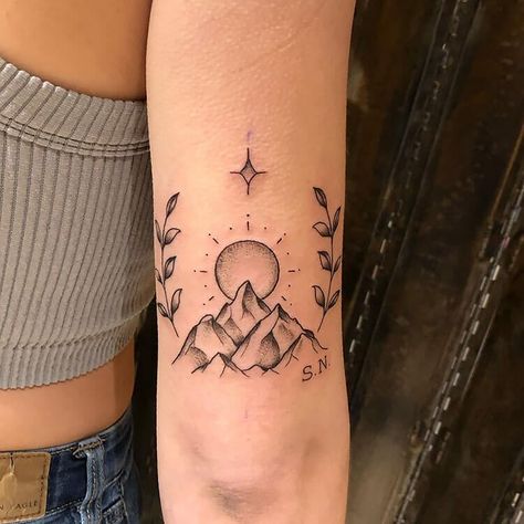 Mountain And Sun Tattoo, Moutain Tattoos, Mountain Tattoo Ideas, Small Mountain Tattoo, Wilderness Tattoo, Berg Tattoo, Camping Tattoo, Mountain Tattoo Simple, Wrist Tattoo Cover Up