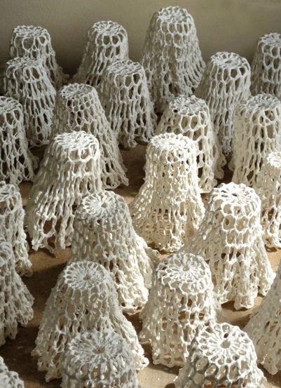 denise beuke -  ceramics Crochet Ceramic, Altered Ceramic Forms, Lace Ceramics, Nichrome Wire Ceramics, Lace Ceramics Pottery, Surrealist Ceramics, Therapeutic Art Activities, White Sculpture, Pottery Slip