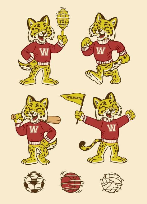 Set of Wildcat Sport Mascot in Vintage Retro Hand Drawn Style Cartoon Mascot Logo, Wildcat Drawing, Wolverine Redesign, Gato Bob, Wildcat Mascot, School Spirit Shirts Designs, Vintage Mascot, Merchandise Ideas, Mascot Logos