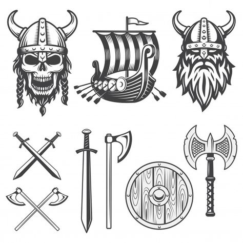 Viking Helmet Tattoo, Machado Viking, Viking Drawings, Escudo Viking, Horned Helmet, Viking Pictures, Warrior Shield, Viking Head, Viking Images