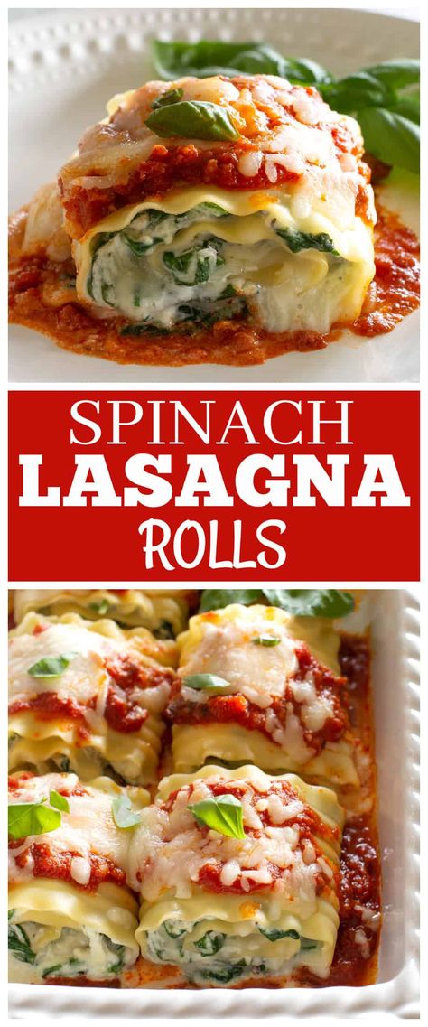 Spinach Lasagna Roll Ups - easy, healthy, and filling! Spinach and ricotta rolled up in cooked lasagna noodles. Only 224 calories per roll! If you're looking for a healthy dinner recipe, these rolls are for you! #lasagna #spinach #rollups #dinner Spinach Lasagna Recipe Easy, Healthy Spinach Lasagna, Spinach Lasagna Roll Ups, Easy Spinach Lasagna, Spinach Lasagna Recipe, Lasagne Roll Ups, Lasagna Rolls Recipe, Lasagna Recipe With Ricotta, Spinach Lasagna Rolls