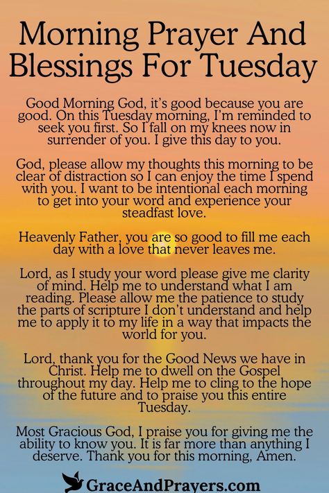 Welcoming a new Tuesday with a prayer is like opening a door to a day blessed with God's presence.  Seek out this prayer for a Tuesday filled with divine wisdom, courage to face challenges, and a spirit of thankfulness for every moment.  Embrace the day with faith and optimism. Read more morning prayers and blessings for each day at Grace and Prayers. Good Morning Tuesday Prayers, Tuesday Blessings Mornings Smile, Thankful Tuesday Quotes, Tuesday Morning Blessings And Prayers, Tuesday Blessings Scripture, Tuesday Prayers And Blessings, Tuesday Morning Greetings, Tuesday Morning Prayers, Tuesday Morning Blessings