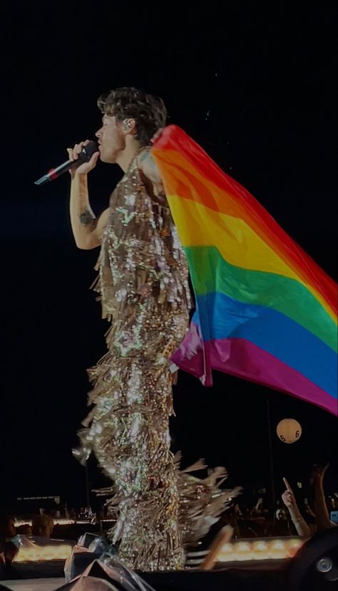 harry styles love on tour last concert campovolo italy 2023 lgbtq flag pride Harry Styles With A Pride Flag, Harry Styles Pride Flag Wallpaper, Harry Styles Flag, Harry Styles Lesbian Flag, Harry Styles Flags, Harry Styles Pride Flag, Concert Manifestation, Lyrics Picture, Love On Tour Harry Styles