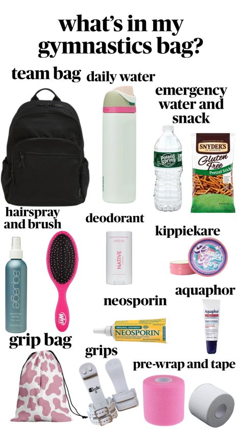 Gymnastics Bag Essentials, What’s In My Gym Bag, Gifts For Gymnasts, Cheer Practice Outfits, Sports Gymnastics, Gymnastics Bags, School Backpack Essentials, Gym Hair, Cheer Practice