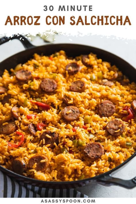 Yellow Rice And Sausage Recipe, Vienna Sausages, Rice Spices, Yellow Rice Recipes, Sausage Rice, Rice And Beans Recipe, Cuban Style, Sausage Recipe, Yellow Rice