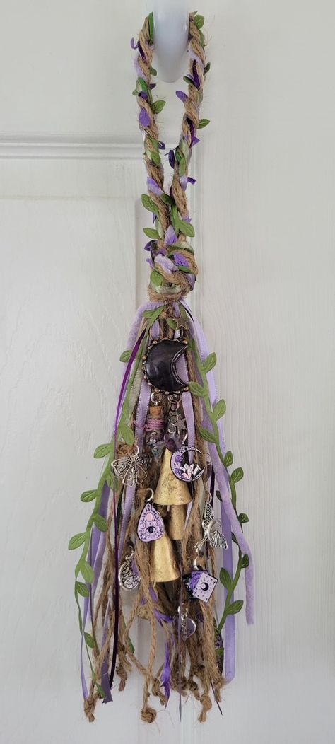 Witch's Bells Diy, Witch Bells Diy How To Make, Witch Bells Diy Ideas, Witchy Door Hanging, Witches Bells On Door, Witches Door Bells, Diy Nature Witch Broom, Witch’s Bells, Witchy Garden