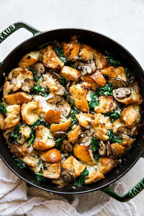 Spinach Mushroom Strata | The Modern Proper Spinach Strata Recipe, Buttery Mushrooms, Mushroom Strata, Spinach Strata, Strata Recipes Breakfast, Strata Recipe, Crock Pot Vegetables, Strata Recipes, Quick Vegetarian Dinner