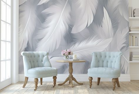 Feather Wallpaper, Wall Mural, Removable, Self Adhesive peel and Stick, Non Self Adhesive vinyl - Etsy UK Feather Wallpaper Bedroom, Photo Wallpaper Bedroom, Peackok Feather Wallpaper, Feather Home Decor, Grey Feather Wallpaper Bedroom, Wallpaper Of Peacock Feather, Feather Wall Decal, Pink Clouds Wallpaper, Wall Painting Living Room