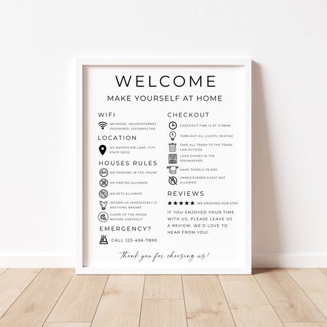 Welcome your guests in style with our customizable welcome sign for short-term rental hosts. This Airbnb host bundle includes an Airbnb welcome sign, VRBO sign, guest arrival poster, guest book, and even a WiFi password and house rules template. Designed with Canva, this editable template is perfect for vacation rental owners looking to create a warm and inviting atmosphere for their guests. Make sure your guests feel right at home from the moment they arrive with our Airbnb host template. **Ple Airbnb Host Welcome Book, House Rules For Airbnb, Airbnb Wifi Sign, Short Term Rental Welcome Book, Signs For Airbnb, Air Bnb Signs, Vrbo Host Tips, Airbnb Rules For Guests, Air Bnb House Rules