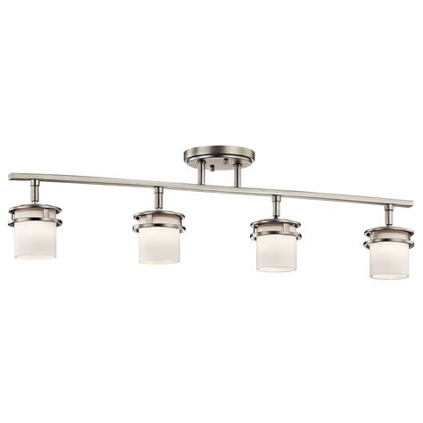 Hendrik™ 30" 4 Light Rail Light with Satin Etched Cased Opal Brushed Nickel Guess Bathroom, Kitchen Lighting Remodel, Dollhouse Lights, Home Theater Game Room, Theater Game Room, Game Room Lighting, Indoor Lights, Track Lighting Kits, Track Lighting Fixtures