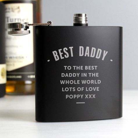 A stylish personalised black stainless steel hip flask, presented in a silk lined presentation box. Featuring a modern typographic design, engraved with your choice of name and message. This hip flask is not only a pleasure to hold and drink from, but is also super stylish. The contemporary style make this hip flask a great gift for anyone to enjoy their favourite tipple from! A thoughtful personalised gift, perfect for Dads, Grandads, Husbands, Groom, Best Man, etc, great for Birthdays, Wedding Memorial Candle Holder, Personalised Hip Flask, Label Ideas, Flask Gift, Personalized Flasks, Special Symbols, Graphics Fairy, Vintage Wall Clock, Hip Flask