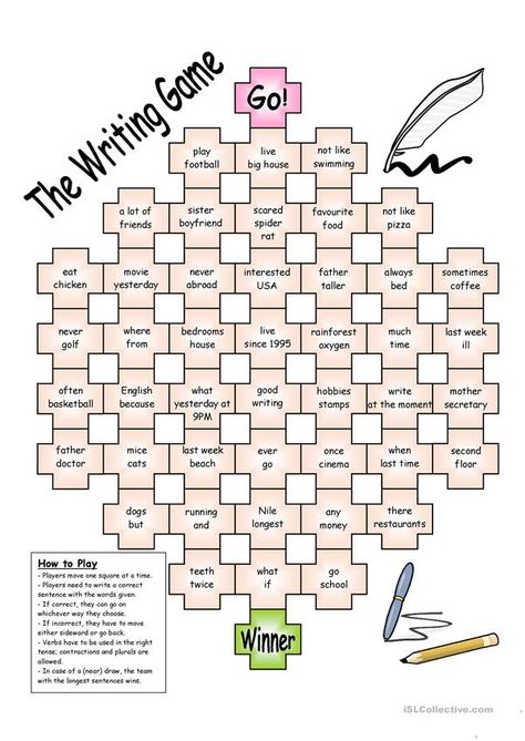 Board Game - The Writing Game worksheet - Free ESL printable worksheets made by teachers Esl Board Games, Game Worksheet, Grammar Games, Esl Games, Writing Games, English Games, Writing Classes, English Classroom, English Activities