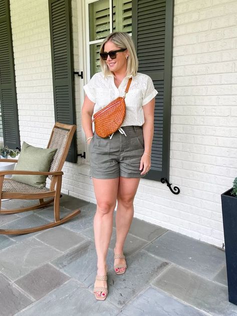 A white blouse and olive green shorts paired with my latest favorite belt bag, square toe braided sandals and Madewell sunglasses for summer! I've been loving soft, netural clothing lately. Click the photo for my outfit details! #summerstyle #2022style | thesmallthingsblog.com Olive Shorts Outfit Summer, Outfit With Belt Bag, Olive Green Shorts Outfit, Olive Shorts Outfit, Outfit With Belt, Green Shorts Outfit, Neutral Summer Outfits, Casual Classy Outfits, The Small Things Blog