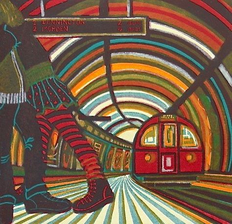 True Love on the Tube   Gail Brodholt The Tube, Print Artist, Linocut Prints, New Wall, Funky Art, Fine Art Gallery, Linocut, Printmaking, Painting & Drawing