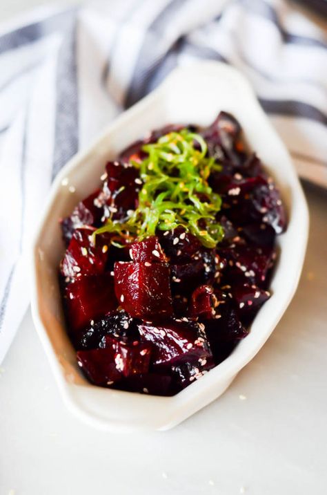 Spicy Beet Poke | CaliGirlCooking.com Beet Poke, Poke Recipe, Beetroot Recipes, Ahi Poke, Beet Recipes, Hawaiian Food, Hot Spicy, Gifts For Coffee Lovers, Savory Recipes