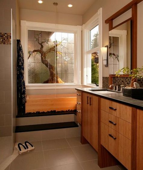 Stunning Asian themed master bath with neutral shades and lovely bamboo cabinetry, beautiful stained glass window - Decoist Japanese Bathroom Ideas, Japanese Inspired Bathroom, Bathroom Zen, Japanese Bathroom Design, Japanese Style Bathroom, Zen Bathroom Design, Asian Bathroom, Japanese Bathroom, Zen Bathroom