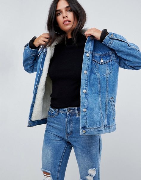 Chorus Oversized Denim Jacket with Fleece Lining Denim Sherpa Jacket, New York Outfits, Borg Jacket, Lined Denim Jacket, Lined Jeans, Blue Jean Jacket, Oversized Denim Jacket, Blue Denim Jacket, Pocket Jacket