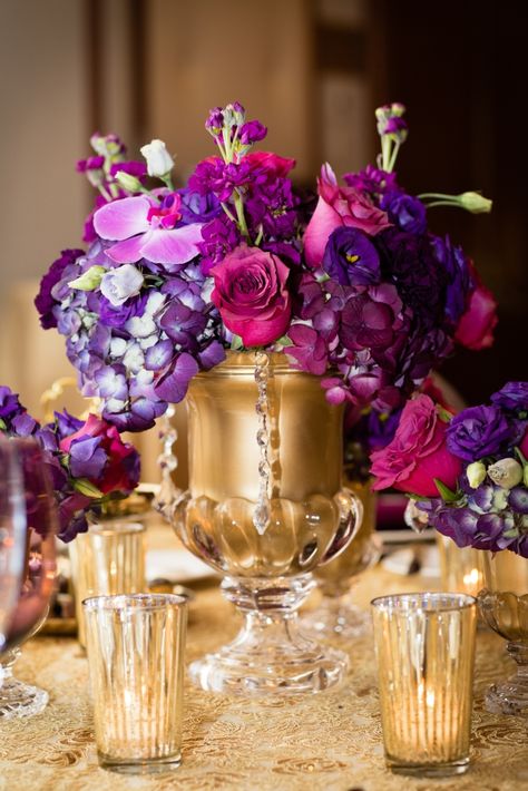 Gold And Magenta, Magenta And Lavender Wedding, Purple And Gold Party Centerpieces, Peacock Party Theme, Jewel Tone Wedding Theme, Wedding Centerpeices, Rose Gold Brooch Bouquet, Pink Purple Wedding, Butterfly Garden Party