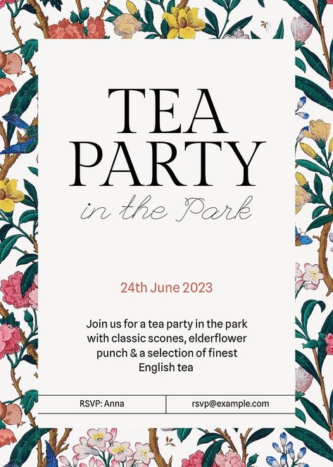 Tea party invitation template, editable text | premium image by rawpixel.com / Sasi Tea Party Poster, Party Poster Design, Tea Party Invitations, Afternoon Tea Parties, Party Poster, Party Invite Template, Best Templates, Cool Posters, Social Media Template