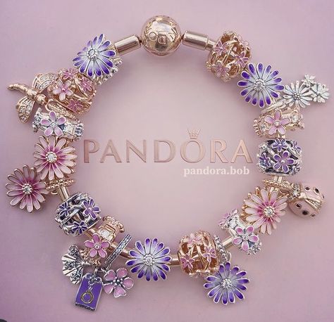 Pandora Design Ideas, Full Pandora Bracelet, Purple Pandora Bracelet, Pandora Bracelet Aesthetic Pink, Pink And Gold Pandora Bracelet, Pandora Bracelet Multicolor, Pink And Purple Pandora Bracelet, Pandora Fairytale Bracelet, Ethereal Jewelry