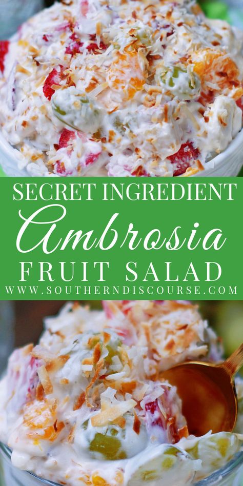 Ambrosia Fruit Salad with Whipped Cream Dressing - southern discourse Fruit Salad With Whipped Cream, Southern Discourse, Ambrosia Recipe, Ambrosia Fruit Salad, Easy Fruit Salad Recipes, Watergate Salad, Fruit Salad Recipe, Fruit Salad Easy, Mandarin Oranges