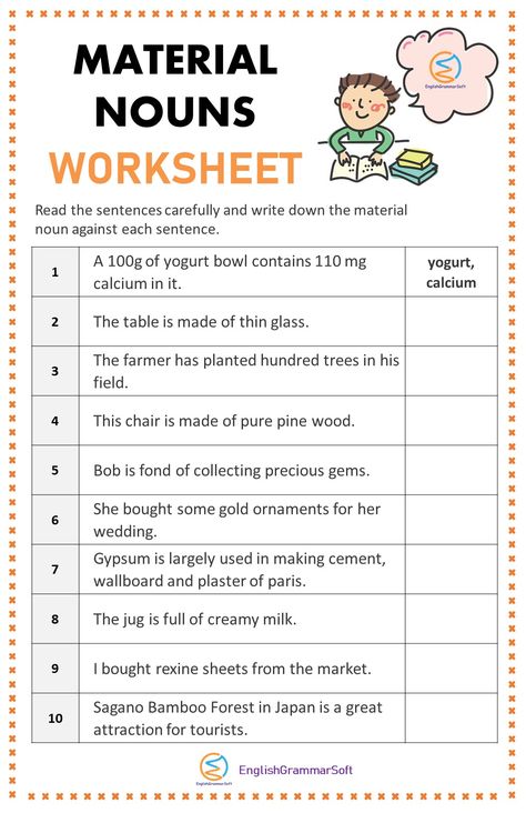 Material Noun Worksheet Material Nouns Worksheet, Material Noun, Common Nouns Worksheet, Nouns In English, What Is A Noun, Proper Nouns Worksheet, Types Of Nouns, Abstract Nouns, Words List