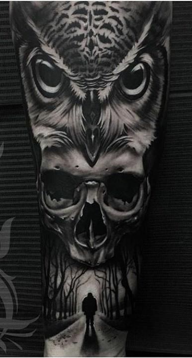 Zombie Tattoo Design, Skull Owl Tattoo, Owl Tattoo Men, Shoulder Cover Up Tattoos, Owl Skull Tattoos, Owl Eye Tattoo, Mens Owl Tattoo, Wolf Tattoo Forearm, Realistic Owl Tattoo