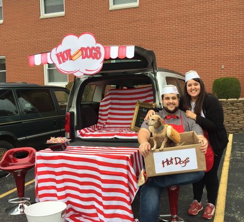 Hot Dog Trunk Or Treat, Concession Stand Trunk Or Treat, Hot Dog Stand Trunk Or Treat, Dog Themed Trunk Or Treat, Trunk Or Treat Dog Theme, Trunk Or Treat Ideas With Dogs, Dog Trunk Or Treat Ideas, Hot Dog Stand, Treat Ideas