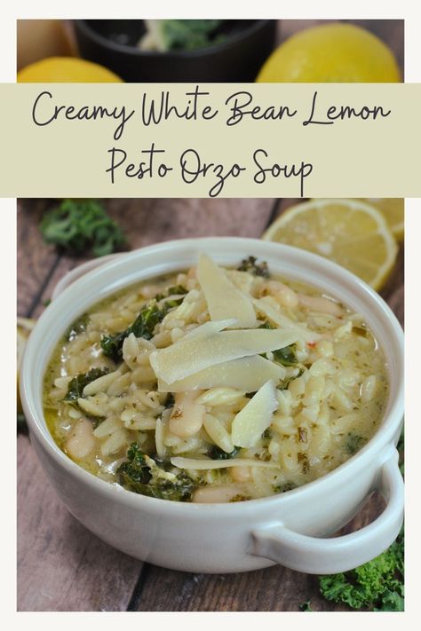 White Bean Lemon Pesto Orzo Soup, White Bean Lemon Orzo Soup, Pesto Orzo Soup, Creamy White Bean Lemon Orzo Soup, Creamy White Bean Lemon Pesto Orzo Soup, White Bean Orzo Soup, Lemon Pesto Orzo Soup, Lemon Pesto Orzo, Lemon Orzo Soup