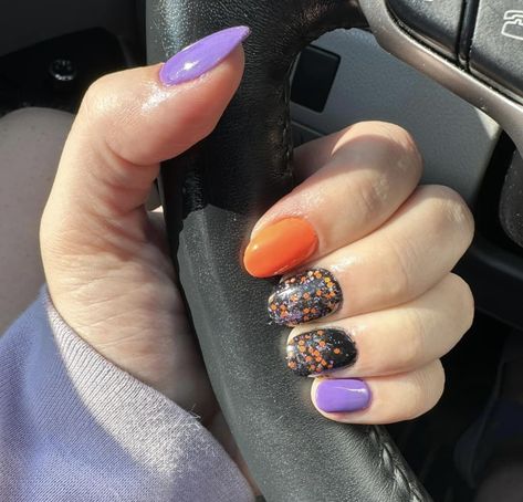 Purple Black Orange Nails, Purple Orange And Black Nails, Black Purple Orange Nails, Black Orange And Purple Nails, Trick Or Treat Nails, Revel Nail, Halloween Orange, Nail Nail, Dipped Nails