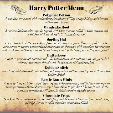 Harry Potter Themed Food Snacks, Harry Potter Dinner And A Movie, Harry Potter Menu Ideas, Harry Potter Movie Marathon Ideas, Harry Potter Marathon Ideas, Movie Themed Dinner Ideas, Menu Movie, Movie Meals, Harry Potter Movie Marathon