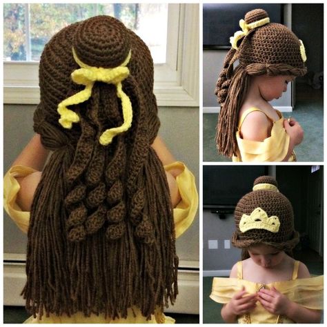 Princess Belle inspired crochet beanie hat/wig - How adorable! Belle Wig, Yarn Wig, Crochet Character Hats, Crochet Costumes, Crochet Wig, Crochet Princess, Crochet Kids Hats, Crochet Disney, Bonnet Crochet