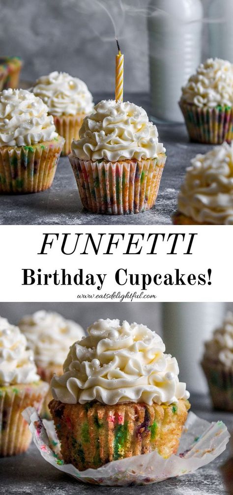 2 stacked images separated by text reading "funfetti birthday cupcakes!" Top image shows funfetti cupcake with blown out candle on top. Bottom image shows funfetti cupcake with paper liner unwrapped Soft Cupcakes, Homemade Funfetti Cupcakes, Cupcake Icing Designs, Funfetti Cupcake Recipe, Funfetti Birthday, Confetti Cupcakes, Funfetti Cupcakes, Cupcakes Birthday, Icing Design