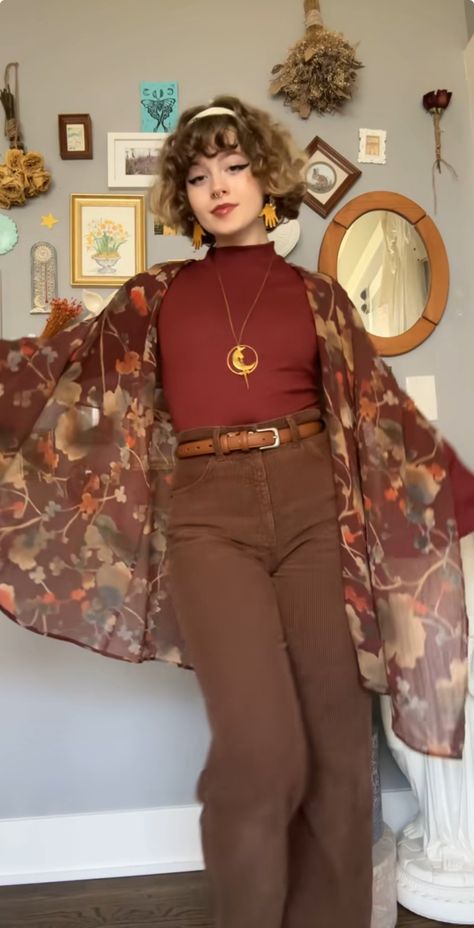 Bellbottom Outfits Winter, 70s Revival Fashion, Crane Wives Concert Outfit, Modest Witchy Outfits, Hozier Core Outfit, Ginger Hair Fashion Outfits Style, Brown And Red Outfit Ideas, Age Of Aquarius Outfit, 70s Fashion Photos