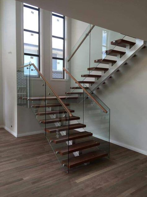 Stainless steel half space staircase with glass side mounted railing Staircase With Glass Railing, Glass Handrail, Modern Stair Railing, Stair Railing Design, Glass Staircase, Custom Computer, Cable Railing, Modern Stairs, Glass Railing