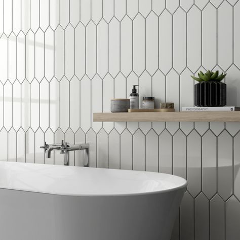 Want your bathroom to be classic yet modern at the same time? Choose our new Color Collection Picket! Picket Tile Bathroom, Picket Tile Backsplash, Picket Tile, Beveled Subway Tile, Tile Trends, Beach Bathrooms, Bathroom Renos, Ceramic Wall Tiles, White Tiles