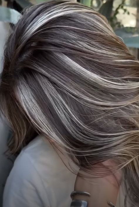 Grey Streaks In Brown Hair, Black Hair With Grey Highlights, Brown Hair With Silver Highlights, Baby Lights, Highlights Ideas, Grey Curly Hair, Grey Hair Transformation, Ombre Blond, Chunky Highlights