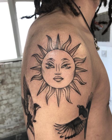 Sun Tattoo Ideas: 30+ Examples, Meaning & Top Designs - 100 Tattoos Sun Sleeve Tattoos For Women, Sun Shoulder Tattoos For Women, Sun Tattoo On Shoulder, Shoulder Sun Tattoo, Sun Tattoo Shoulder, Sun Shoulder Tattoo, Sun And Moon Tattoo Ideas, Sun Tattoo Ideas, Moon Tattoo Ideas