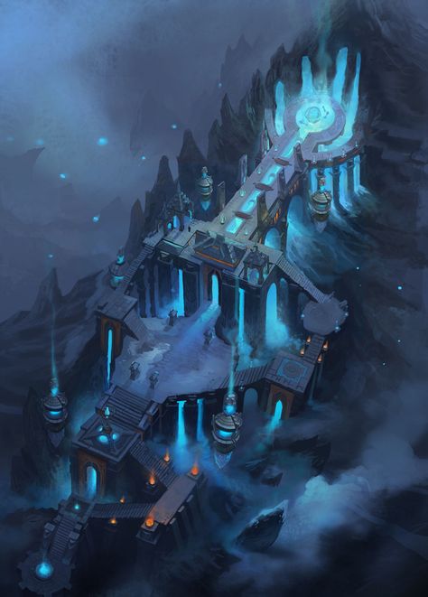 Concept Art Landscape, Akali League Of Legends, Water Temple, Blue Flame, Fantasy City, Fantasy Setting, Biome, Fantasy Places, Fantasy Map