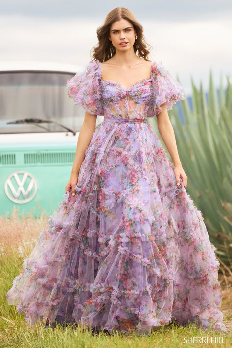 55541 Floral Print Gowns, Splendid Dress, Sheer Corset, Sherri Hill Prom Dresses, Prom Dress Stores, Printed Gowns, Prom Dress Styles, Prom Designs, Corset Bodice