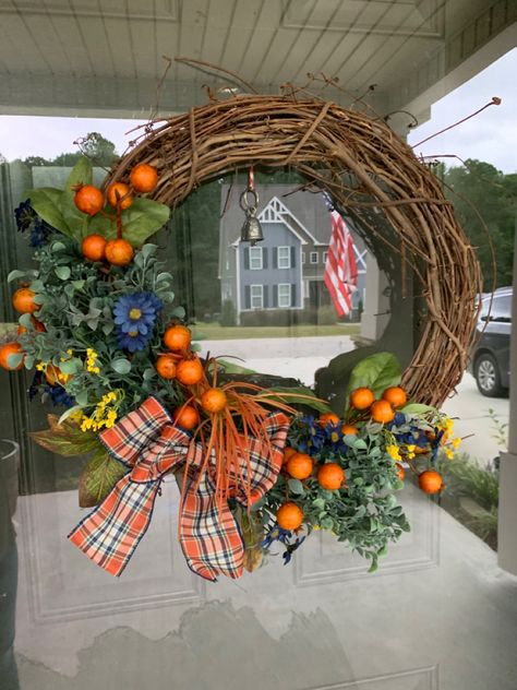 Blue and orange Thanksgiving 2022, Coastal Fall, 2023 Ideas, Orange Autumn, Orange Christmas, Wreath Ideas, Blue And Orange, Blue Check, Fall 2023