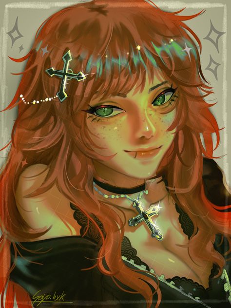 Girl with Orange brown Hair Green Eyes and a Lip Piercing wearing Y2K/Grunge clothes and cross jewellery. Ginger Woman Art, Ginger Girl Art, Orange Hair Characters, Goth Ginger, Ginger Characters, Grunge Oc, Female Oc, Cartoon Profile Pictures, Grunge Girl